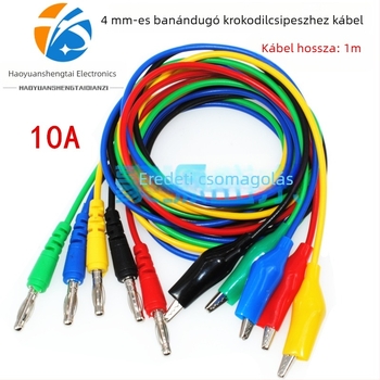 4 mm-es banándugóhoz csatlakozó alligátor klipszes tesztvezeték, szilikon izolációval, 10 A, 1 m