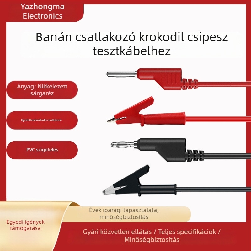 4 mm-es banándugóval és aligátor klippel vizsgáló vezeték, tiszta réz, 19 A magas áramerősségű kimenet, 1 mm² keresztmetszetű vezeték