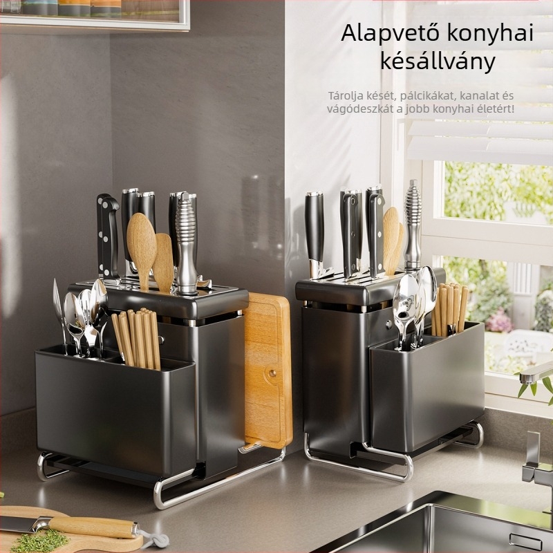 Telepítés nélküli többfunkciós konyhai kés- és eszköztároló, integrált kés- és evőeszköz tartó; anyag: rozsdamentes acél + szénacél, a munkalapon, modern minimalist stílus