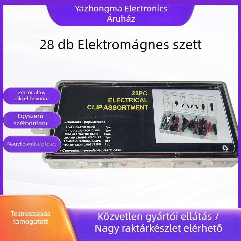 28 darabos alligátor kapocs készlet villamossági teszteléshez, fém szigetelő, autóhasználat — Modell: Alligator Clip, Márka: Yazhong Ma Electronics