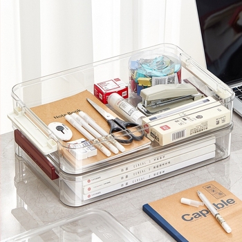 Dokumentumtároló doboz, átlátszó PET, pattintós fedél, por- és nedvességálló, irodai és otthoni fájlok rendezésére
