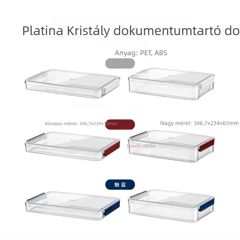 Dokumentumtároló doboz, átlátszó PET, pattintós fedél, por- és nedvességálló, irodai és otthoni fájlok rendezésére
