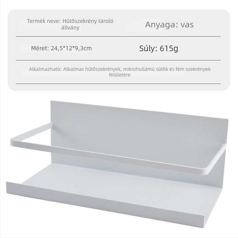 Mágneses hűtőszekrény oldalsó polca — konyhai tároló állvány, minimalistikus asztal- vagy falra akasztható panel, szénacélból, 1 réteg, otthon és iroda