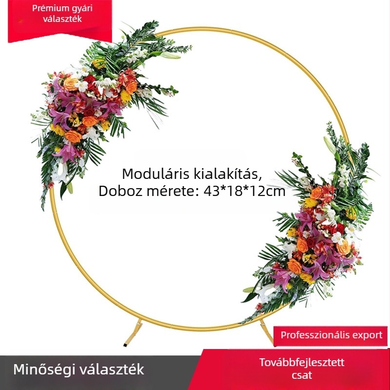 Új vasból készült gyűrű alakú esküvői dekoráció virágtartóval, színpadi háttérrel, 2 m, arany