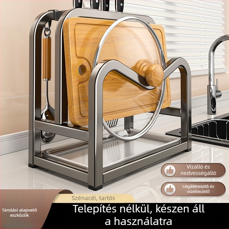 Fém konyhai kés-tartó és vágódeszka tartó, integrált asztali rendező, nordikus stílus, szerelés nélkül