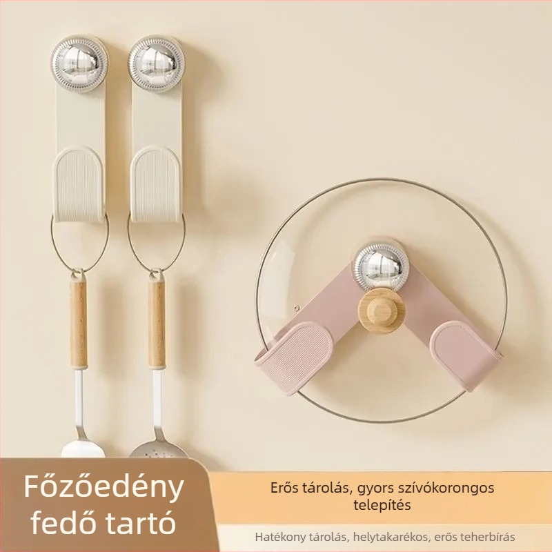 Műanyag falra szerelhető fedőállvány fazekakhoz, összecsukható, forgó, szívócsészével