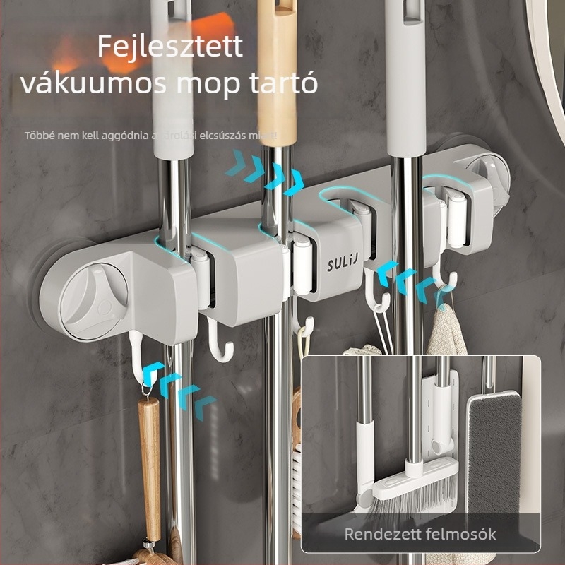 Fali mop tartó vákuumos rögzítéssel, falra szerelés, fúrás nélkül, ABS, teherbírás 10–15 kg, több kampó, luxus stílus, készlet 60 darab