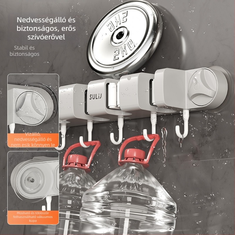 Fali mop tartó vákuumos rögzítéssel, falra szerelés, fúrás nélkül, ABS, teherbírás 10–15 kg, több kampó, luxus stílus, készlet 60 darab