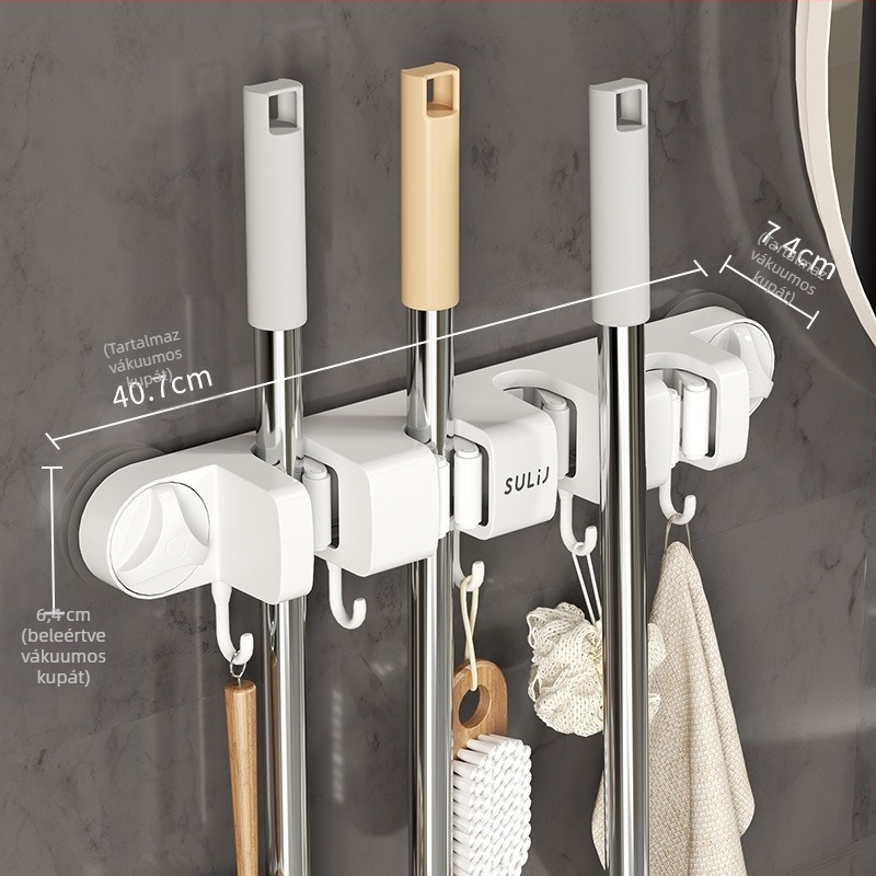 Fali mop tartó vákuumos rögzítéssel, falra szerelés, fúrás nélkül, ABS, teherbírás 10–15 kg, több kampó, luxus stílus, készlet 60 darab