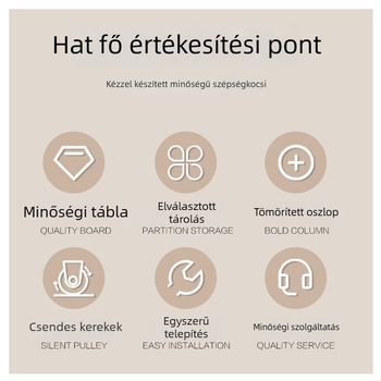 Asztali kozmetikai eszközöket szállító mobil kocsi, sűrűséglapból készült anyagból, modern letisztult dizájn, padlón álló, 1-szintes