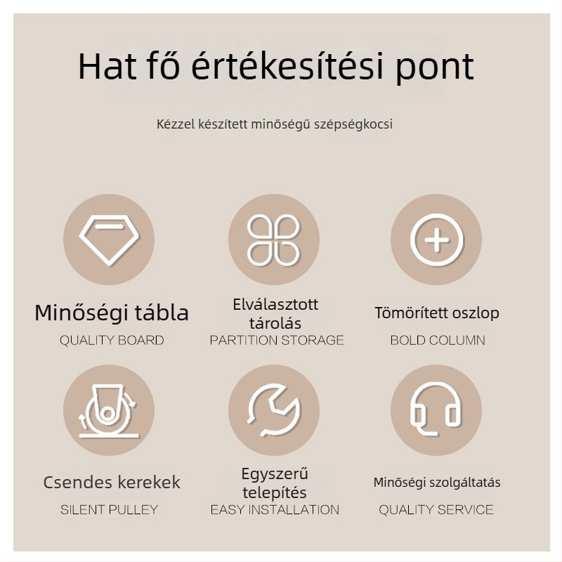 Asztali kozmetikai eszközöket szállító mobil kocsi, sűrűséglapból készült anyagból, modern letisztult dizájn, padlón álló, 1-szintes