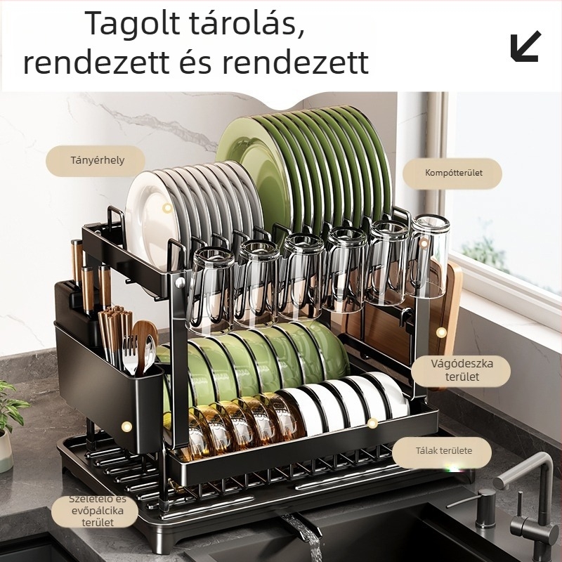 Szénacél konyhai tárolóállvány – többfunkciós pohártartó, kétszintes edény- és pohár-tároló, leeresztő funkció