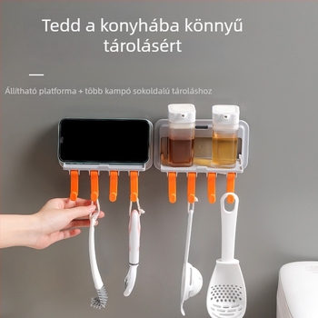 Falra szerelhető fürdőszobai tároló több sor horoggal, fúrás nélkül, műanyagból, teherbírás 5 kg