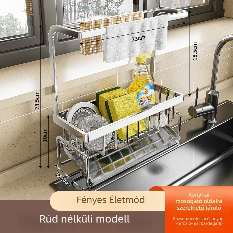 Rozsdamentes acélból készült konyhai rack mosogatótálcához, magas rúddal rendelkező szárítópolc, törlőkendők és szivacsok tárolására, acélhuzal golyók számára