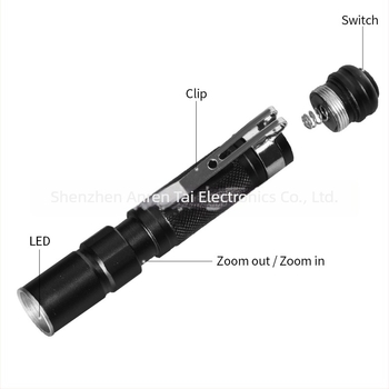 Mini LED zseblámpa teleszkópos zoommal, tollklipsz, alumíniumötvözet test, AAA elemmel működik
