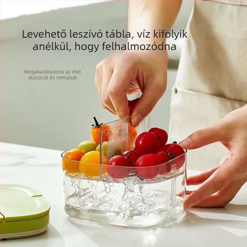 Zöldség- és gyümölcscrisper – műanyag, zárható tároló, vízelvezető rekesz, frissesség megőrzése