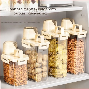 Műanyag négyszögletes gabonatároló doboz, 1-2 L kapacitás, frissesség megőrző doboz