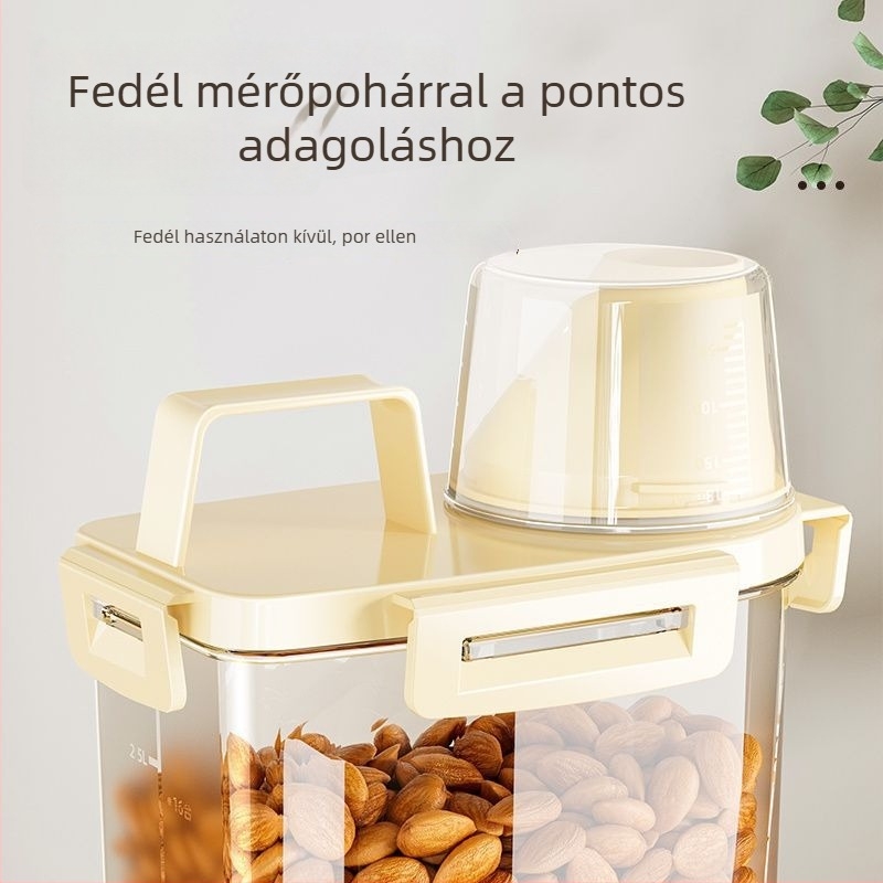 Műanyag négyszögletes gabonatároló doboz, 1-2 L kapacitás, frissesség megőrző doboz