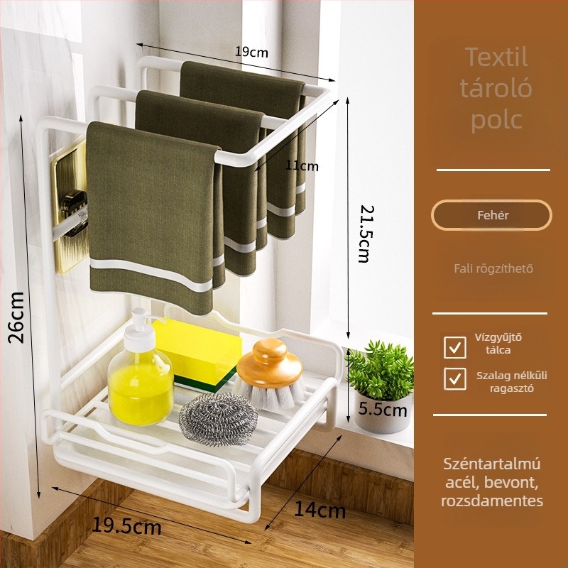 Konyhai szivacs- és törölközőtartó - falra szerelhető, fúrás nélkül, mozgatható, szénacélból, modern minimalist stílus