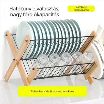 Összecsukható edény-szárító állvány bambusz- és faanyagból, konyhai tároló, modern minimalista stílus (Eredet: Kína, Megjelenés: 2025)