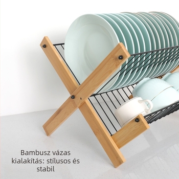 Összecsukható edény-szárító állvány bambusz- és faanyagból, konyhai tároló, modern minimalista stílus (Eredet: Kína, Megjelenés: 2025)