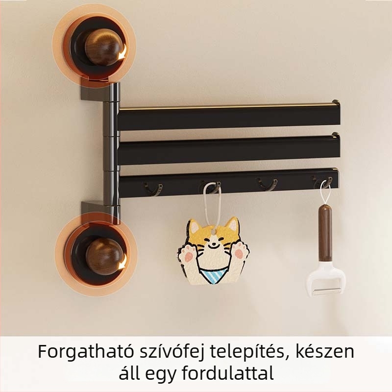 Antik stílusú konyhai edény- és eszköztartó vákuumos rögzítéssel és forgó kampókkal, összecsukható és mozgatható, PET anyag