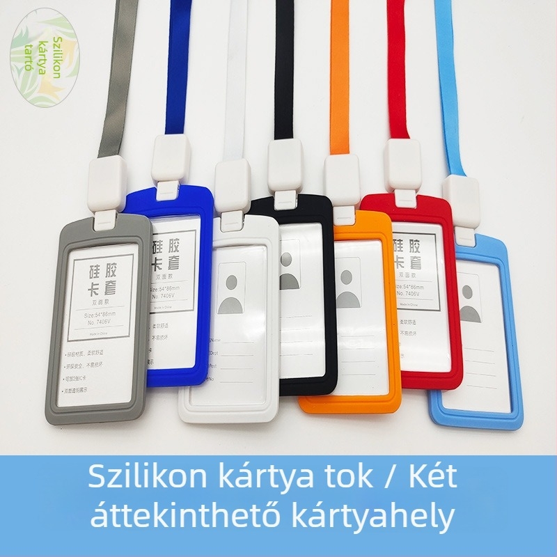 Kártyatartó, dupla oldalú szilikonból, dolgozói azonosító- és hozzáférési kártyákhoz, visszahúzható csattal és nyakpánttal
