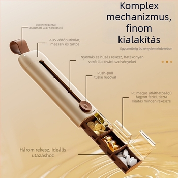 Hordozható heti tablettás doboz három rekesszel a reggel, délelőtt és este adagokhoz, fedél és kihúzható mechanizmus