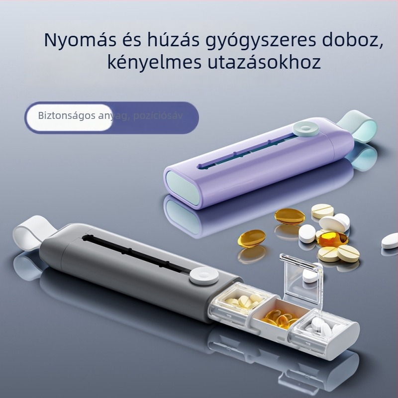 Hordozható heti tablettás doboz három rekesszel a reggel, délelőtt és este adagokhoz, fedél és kihúzható mechanizmus