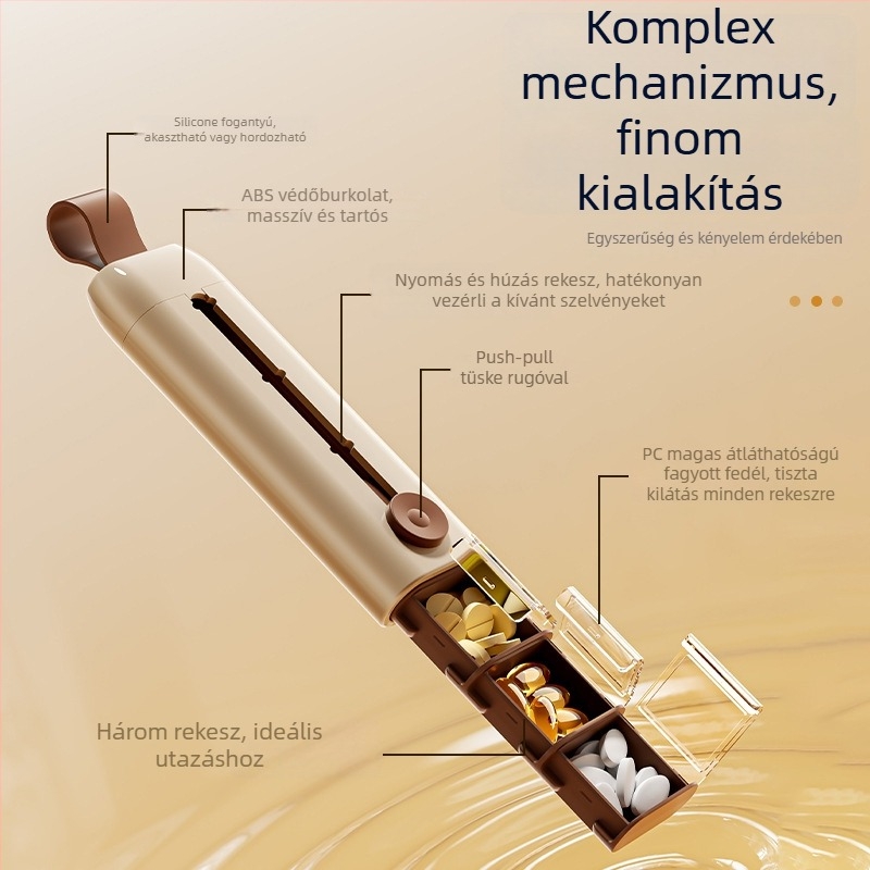 Hordozható heti tablettás doboz három rekesszel a reggel, délelőtt és este adagokhoz, fedél és kihúzható mechanizmus