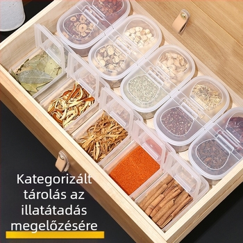 Műanyag konyhai fűszeres rekeszes doboz, zárható, szilárd fűszerekhez — YQ