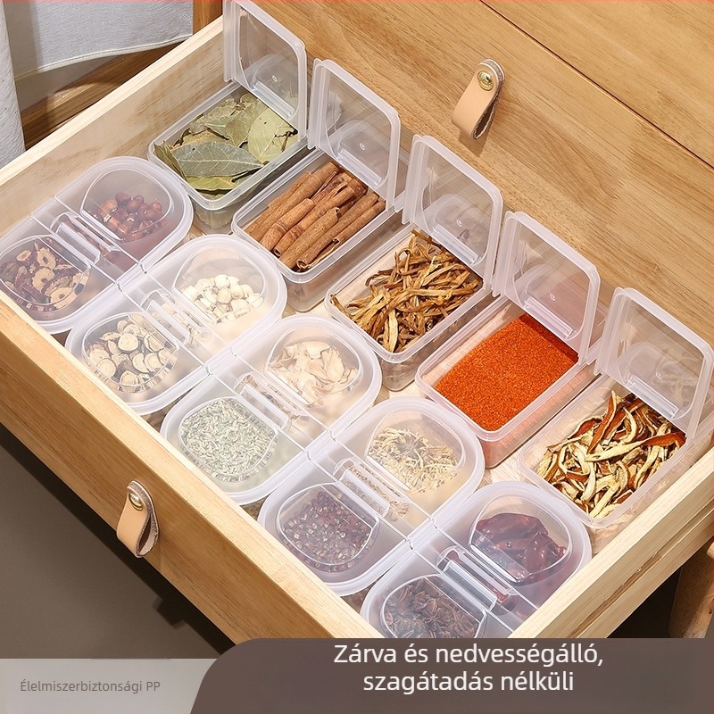 Műanyag konyhai fűszeres rekeszes doboz, zárható, szilárd fűszerekhez — YQ