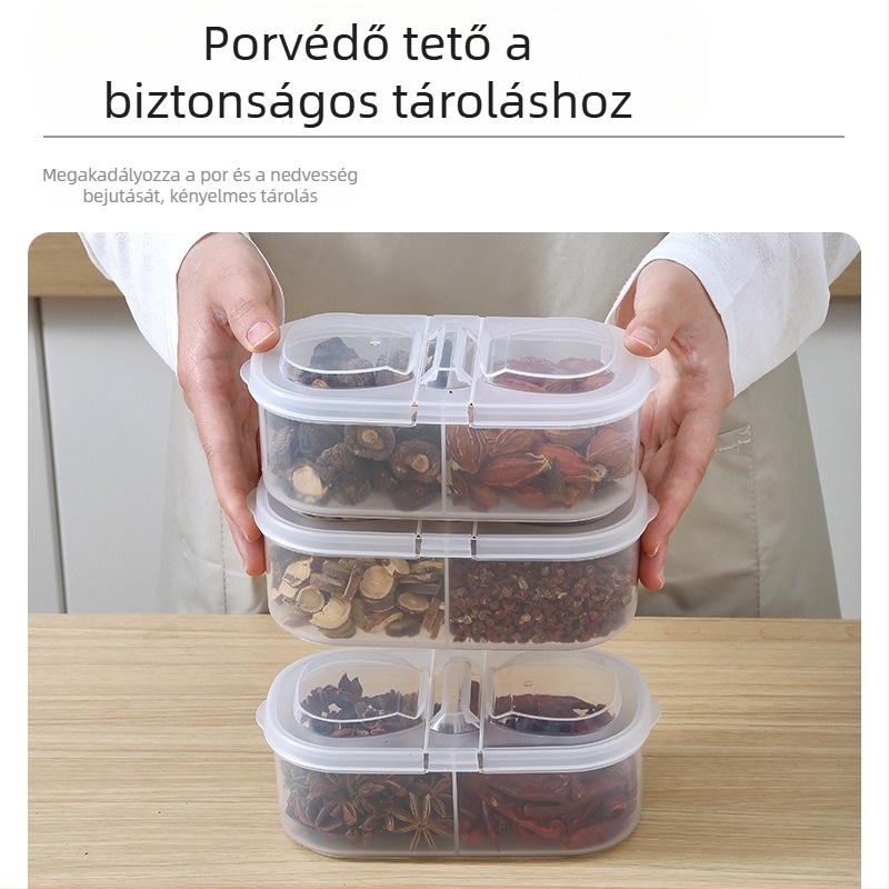 Műanyag konyhai fűszeres rekeszes doboz, zárható, szilárd fűszerekhez — YQ