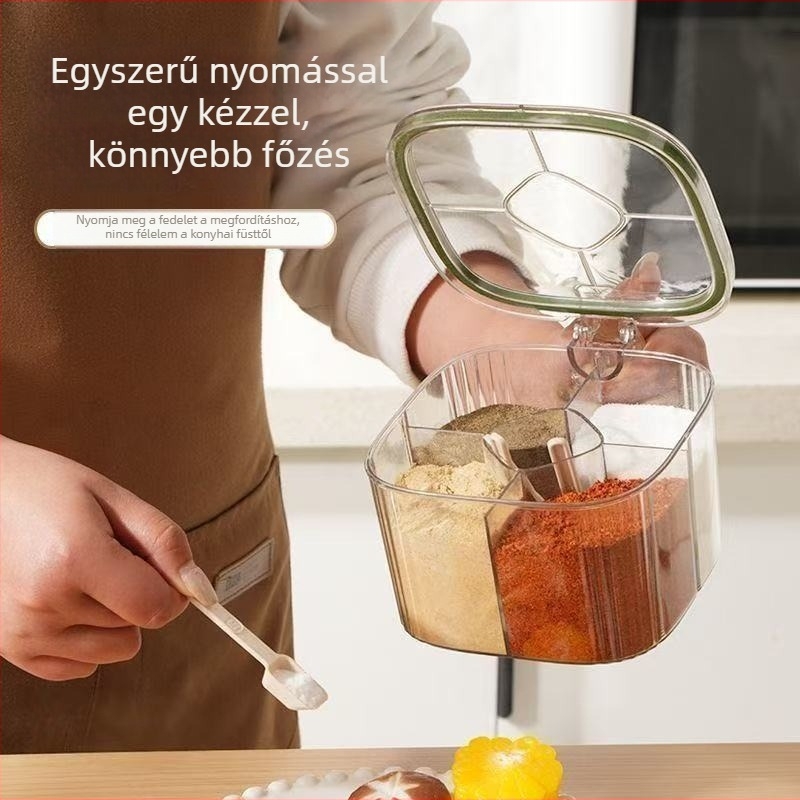 Integrált többrekeszes fűszerdoboz, átlátszó zárható konyhai tároló sóhoz, borshoz és MSG-hez