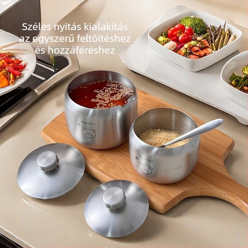 Koreai stílusú 304 rozsdamentes acél fűszertartó kanállal – cukor, só és chiliolaj tároló, multifunkcionális konyhai tartozék, modern minimalist dizájn