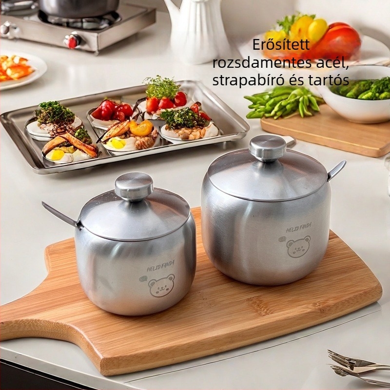 Koreai stílusú 304 rozsdamentes acél fűszertartó kanállal – cukor, só és chiliolaj tároló, multifunkcionális konyhai tartozék, modern minimalist dizájn