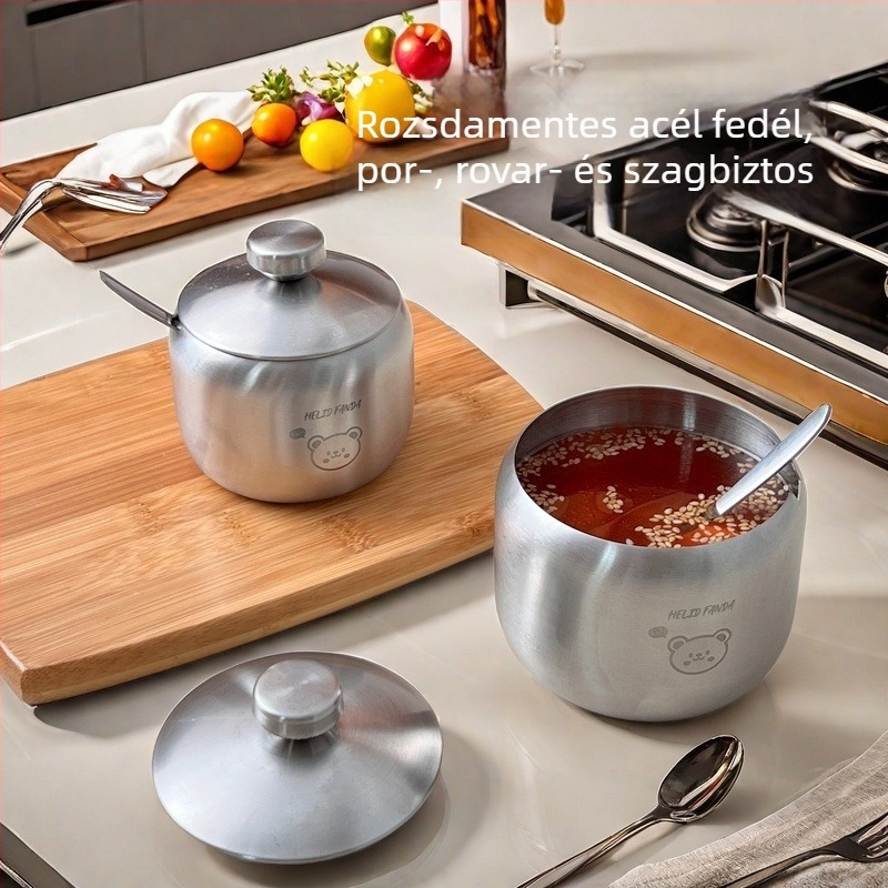 Koreai stílusú 304 rozsdamentes acél fűszertartó kanállal – cukor, só és chiliolaj tároló, multifunkcionális konyhai tartozék, modern minimalist dizájn