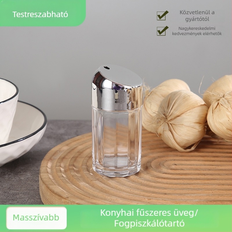 Műanyag konyhai fűszeres üvegek és fogpiszkáló doboz készlet olajkannával – átlátszó, modern minimalist design, logóval testreszabható