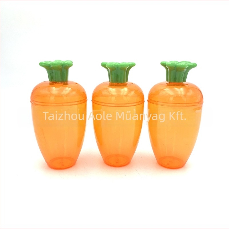 Nyitható műanyag húsvéti tojás karikatúras formákkal: csibe, nyuszi és sárgarépa; kód 06520; nyomtatási technika; logó nyomtatása elérhető