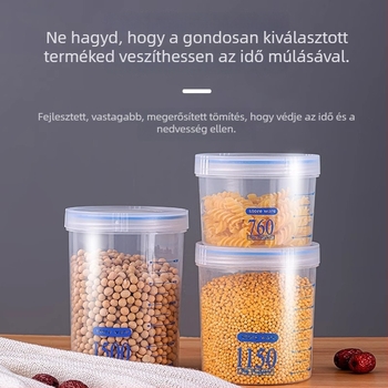 Kerek műanyag gabonatároló tartály, 1–2 L kapacitás, egylépcsős, mikrohullámú sütőben nem használható