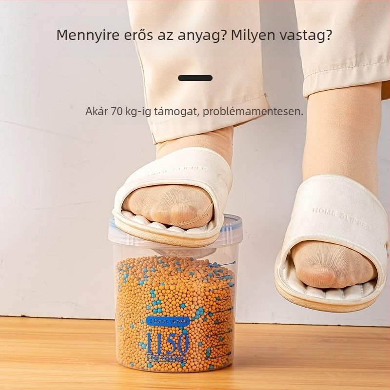 Kerek műanyag gabonatároló tartály, 1–2 L kapacitás, egylépcsős, mikrohullámú sütőben nem használható