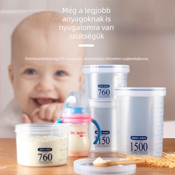 Kör alakú műanyag zárható tárolóedény gabonafélék és tejpor tárolására, átlátszó, skálával, egymásra tehető
