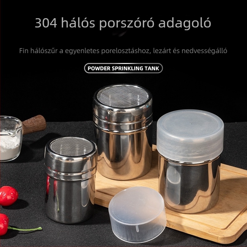 Rozsdamentes acél porspray – fin hálós, kávé- és fűszerporokhoz, egyedi logóval