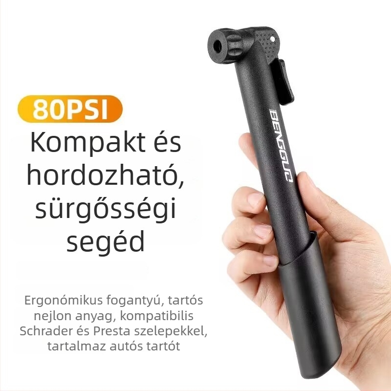Kézi kerékpárpumpa, mini hordozható, modell BG-1682, max nyomás 80 PSI, levegőcsatlakozó típus: Beautiful Mouth, súly 0,09 kg
