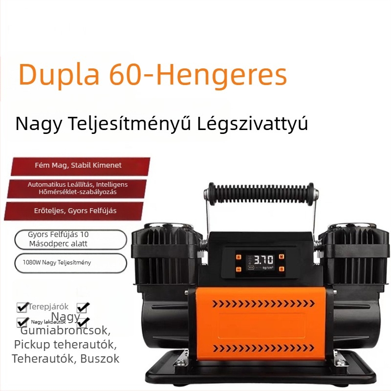Járműre szerelt, nagy teljesítményű, kettős hengeres légpumpa digitális kijelzővel autókhoz, SUV-khoz, terepjárókhoz, teherautókhoz és mezőgazdasági járművekhez