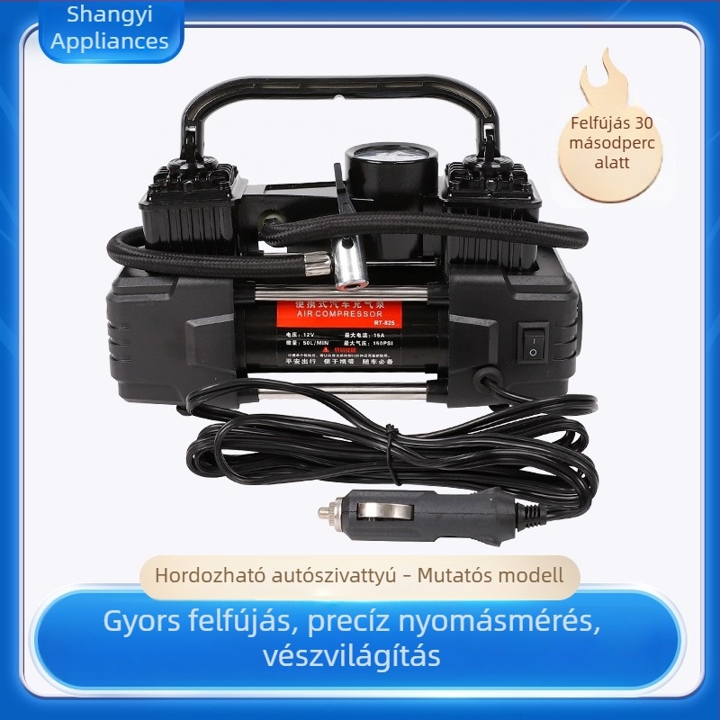 Kéthengeres hordozható elektromos keréknyomás-szivattyú LED-világítással és nyomásmérővel, 12V FS-020