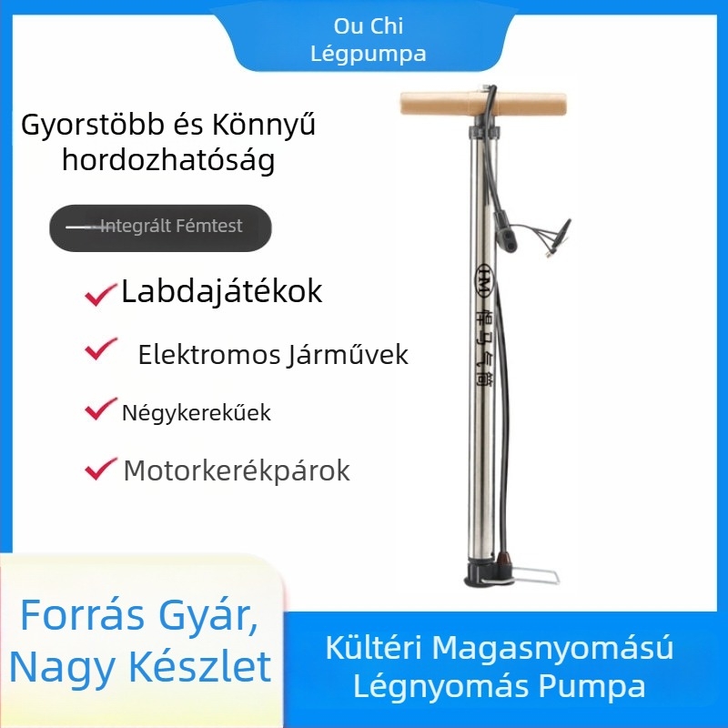 Kézi hordozható pumpa fából készült fogantyúval és rozsdamentes acéltesttel kerékpárok és elektromos járművek számára, magas nyomású modell
