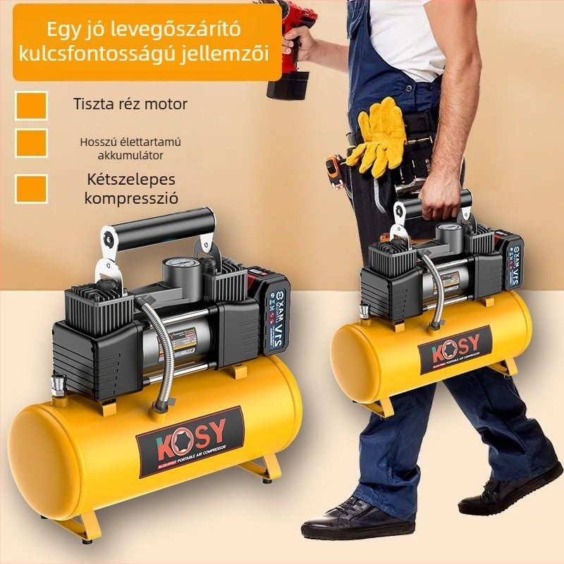 Kéthengeres autó légkompresszor, 12V, 220W, 50 L/min, 5–20 perc működés