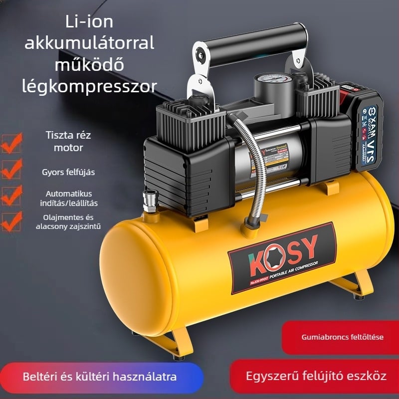 Kéthengeres autó légkompresszor, 12V, 220W, 50 L/min, 5–20 perc működés