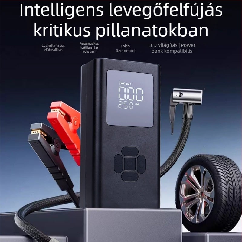 USB-s autó légpumpa, hordozható otthoni használatra, beépített akkumulátorral és gyújtóval, 12V, duplahengeres, LCD kijelző